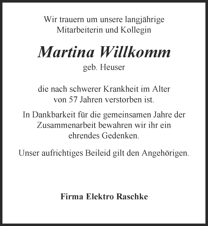  Traueranzeige für Martina Willkomm vom 27.08.2016 aus  Blickpunkt Euskirchen 
