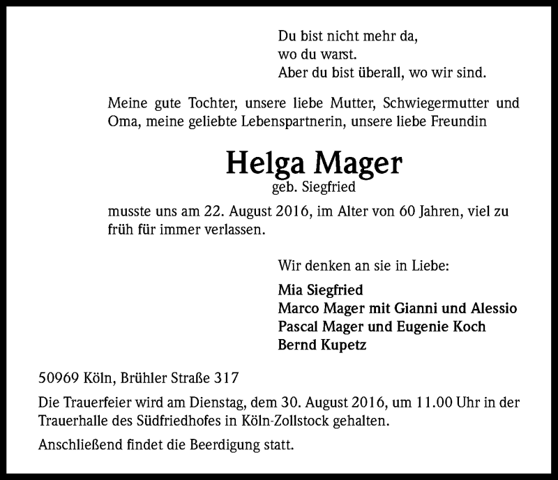  Traueranzeige für Helga Mager vom 27.08.2016 aus Kölner Stadt-Anzeiger / Kölnische Rundschau / Express