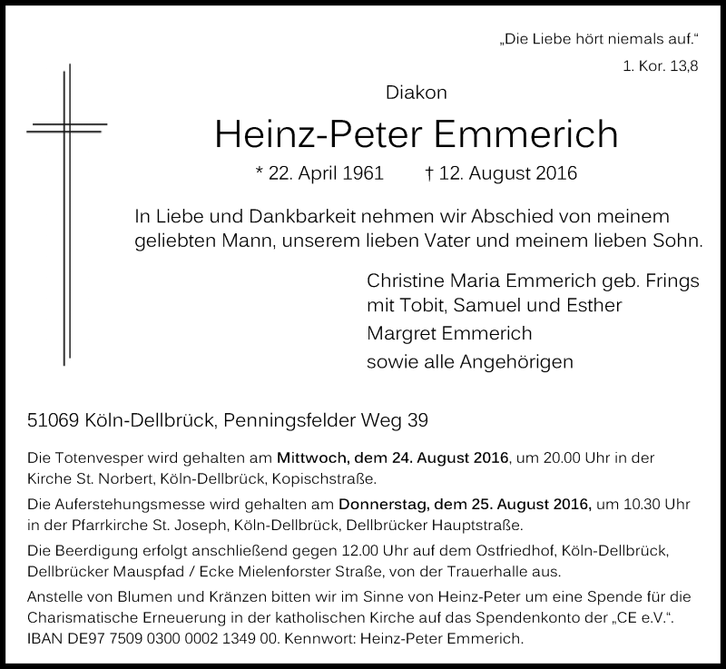  Traueranzeige für Heinz-Peter Emmerich vom 20.08.2016 aus Kölner Stadt-Anzeiger / Kölnische Rundschau / Express