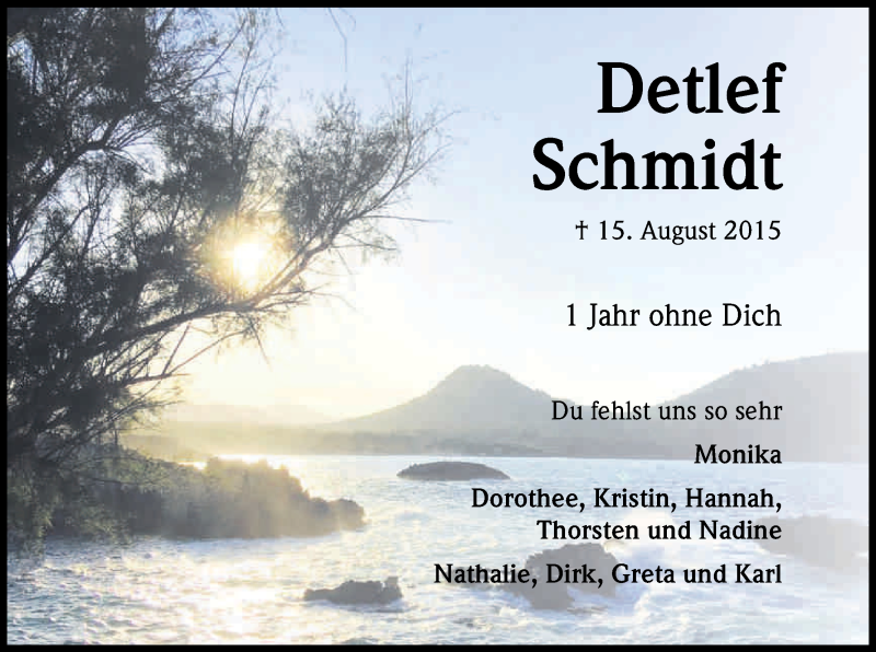  Traueranzeige für Detlef Heinz Schmidt vom 13.08.2016 aus Kölner Stadt-Anzeiger / Kölnische Rundschau / Express