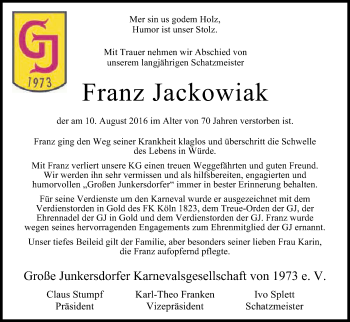 Anzeige von Franz Jackowiak von Kölner Stadt-Anzeiger / Kölnische Rundschau / Express
