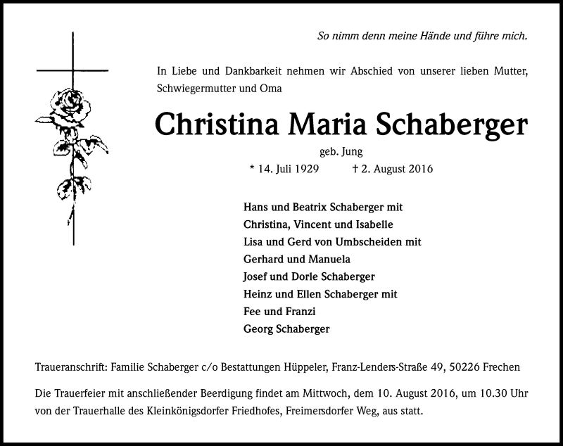  Traueranzeige für Christina Maria Schaberger vom 06.08.2016 aus Kölner Stadt-Anzeiger / Kölnische Rundschau / Express