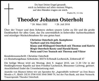 Anzeige von Theodor Johann Osterholt von Kölner Stadt-Anzeiger / Kölnische Rundschau / Express