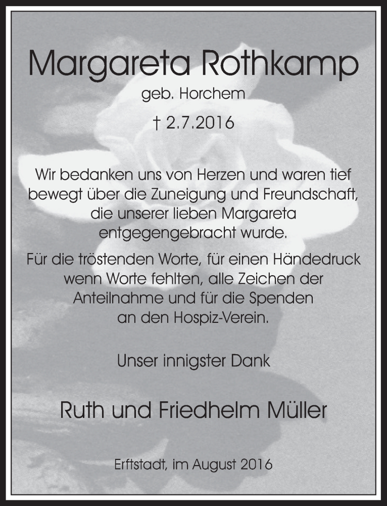  Traueranzeige für Margareta Rothkamp vom 17.08.2016 aus  Werbepost 
