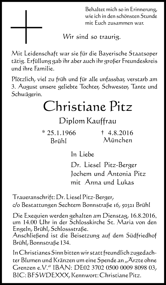  Traueranzeige für Christiane Pitz vom 13.08.2016 aus Kölner Stadt-Anzeiger / Kölnische Rundschau / Express