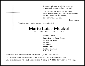 Anzeige von Marie-Luise Meckel von Kölner Stadt-Anzeiger / Kölnische Rundschau / Express