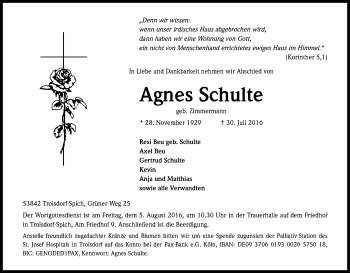 Anzeige von Agnes Schulte von Kölner Stadt-Anzeiger / Kölnische Rundschau / Express