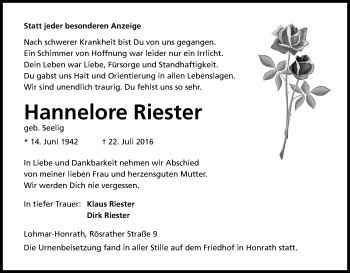 Anzeige von Hannelore Riester von Kölner Stadt-Anzeiger / Kölnische Rundschau / Express