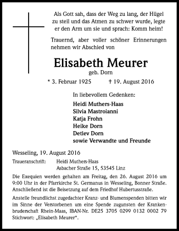 Anzeige von Elisabeth Meurer von Kölner Stadt-Anzeiger / Kölnische Rundschau / Express