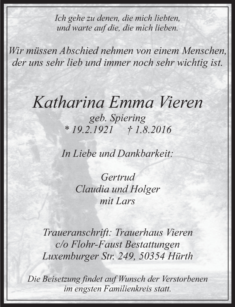  Traueranzeige für Katharina Emma Vieren vom 10.08.2016 aus  Wochenende 