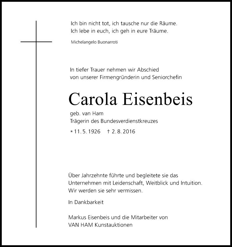  Traueranzeige für Carola Eisenbeis vom 09.08.2016 aus Kölner Stadt-Anzeiger / Kölnische Rundschau / Express