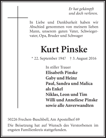 Anzeige von Kurt Pinske von  Sonntags-Post 