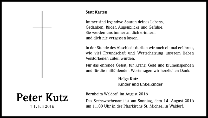  Traueranzeige für Peter Kutz vom 03.08.2016 aus Kölner Stadt-Anzeiger / Kölnische Rundschau / Express