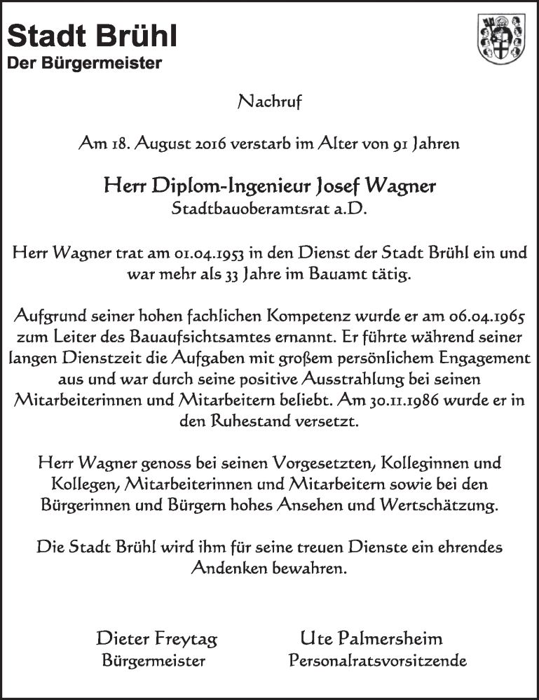  Traueranzeige für Josef Wagner vom 31.08.2016 aus  Schlossbote/Werbekurier 