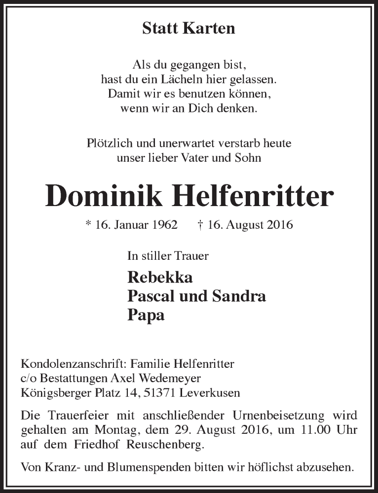  Traueranzeige für Dominik Helfenritter vom 24.08.2016 aus  Lokale Informationen 