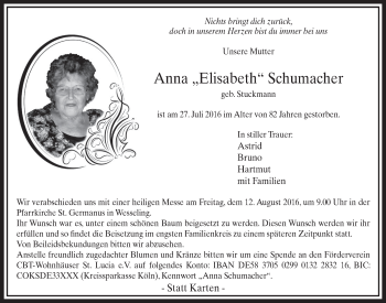 Anzeige von Anna Elisabeth Schumacher von  Schlossbote/Werbekurier 