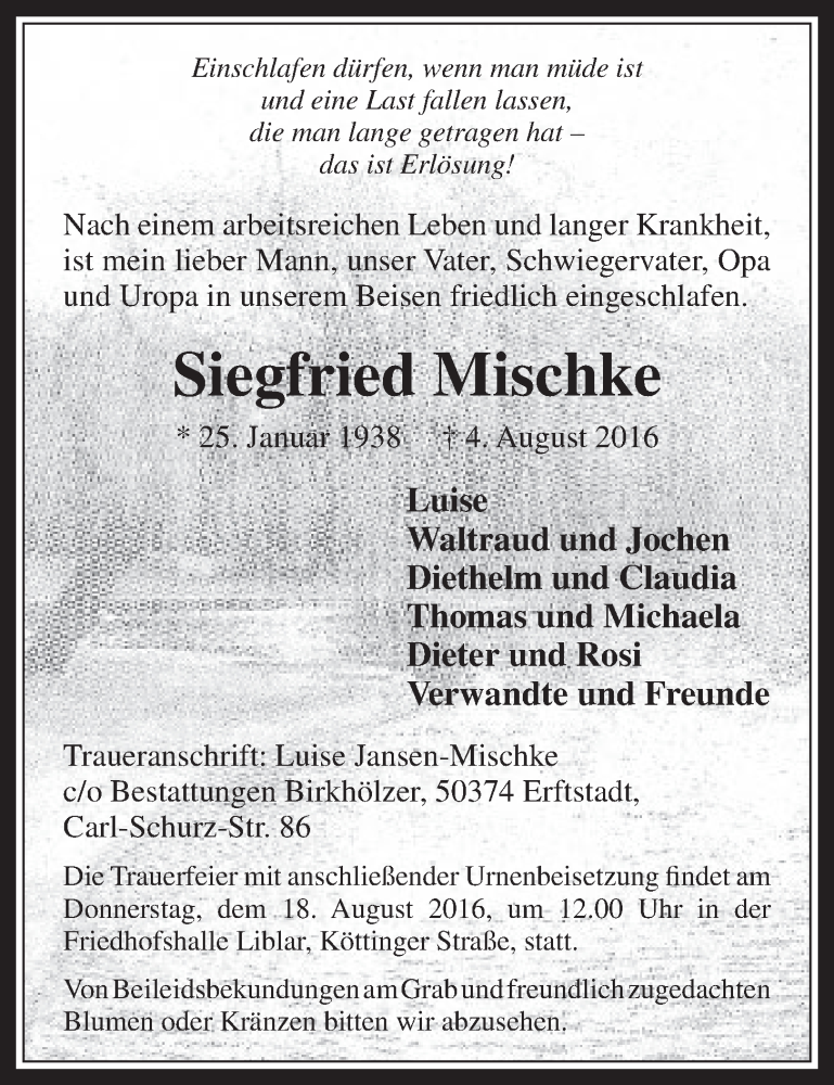  Traueranzeige für Siegfried Mischke vom 17.08.2016 aus  Wochenende  Schlossbote/Werbekurier  Werbepost 