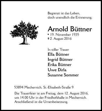 Anzeige von Arnold Büttner von  Blickpunkt Euskirchen 