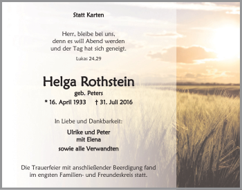 Anzeige von Helga Rothstein von  Lokalanzeiger 
