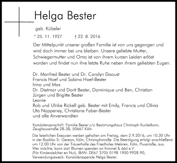 Anzeige von Helga Bester von Kölner Stadt-Anzeiger / Kölnische Rundschau / Express