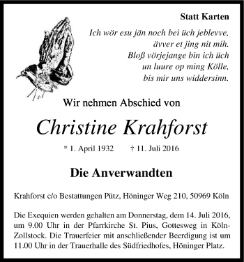 Anzeige von Christine Krahforst von Kölner Stadt-Anzeiger / Kölnische Rundschau / Express