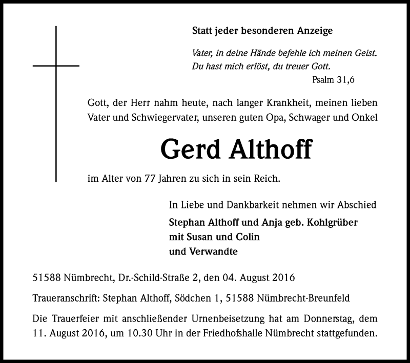  Traueranzeige für Gerd Althoff vom 13.08.2016 aus Kölner Stadt-Anzeiger / Kölnische Rundschau / Express