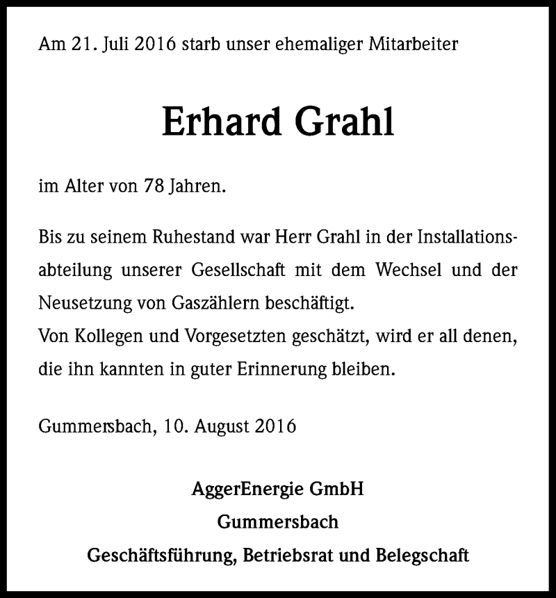  Traueranzeige für Erhard Grahl vom 17.08.2016 aus Kölner Stadt-Anzeiger / Kölnische Rundschau / Express