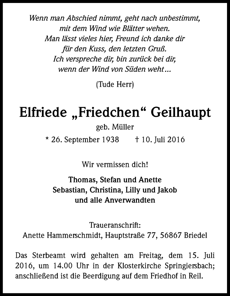  Traueranzeige für Elfriede Geilhaupt vom 13.07.2016 aus Kölner Stadt-Anzeiger / Kölnische Rundschau / Express