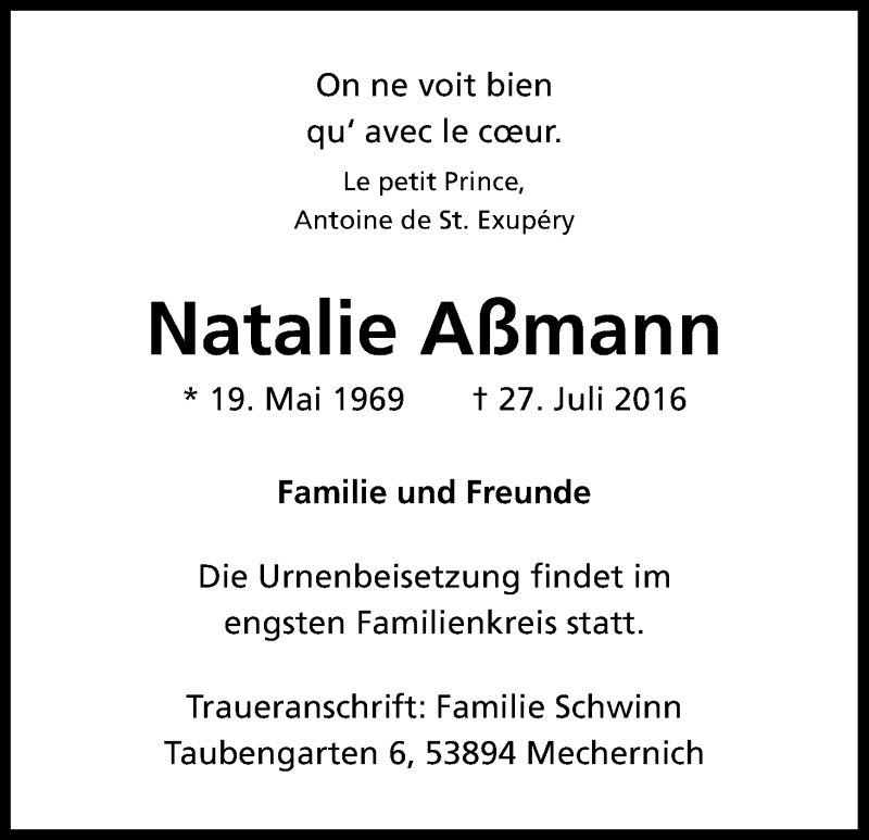 Traueranzeige für Natalie Aßmann vom 13.08.2016 aus Kölner Stadt-Anzeiger / Kölnische Rundschau / Express