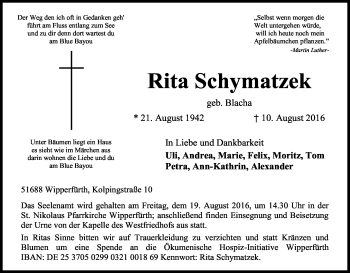 Anzeige von Rita Schymatzek von Kölner Stadt-Anzeiger / Kölnische Rundschau / Express