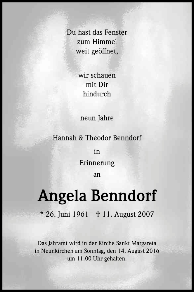  Traueranzeige für Angela Benndorf vom 11.08.2016 aus Kölner Stadt-Anzeiger / Kölnische Rundschau / Express