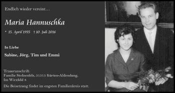 Anzeige von Maria Hannuschka von Kölner Stadt-Anzeiger / Kölnische Rundschau / Express