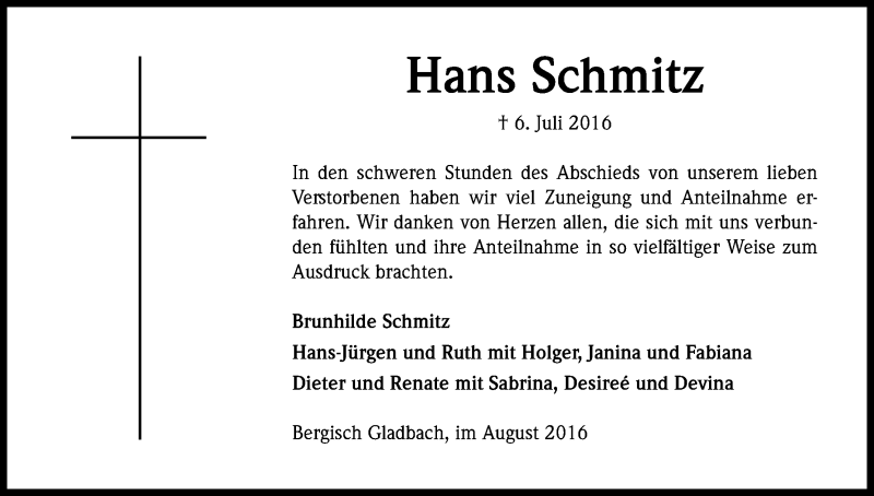  Traueranzeige für Hans Schmitz vom 06.08.2016 aus Kölner Stadt-Anzeiger / Kölnische Rundschau / Express
