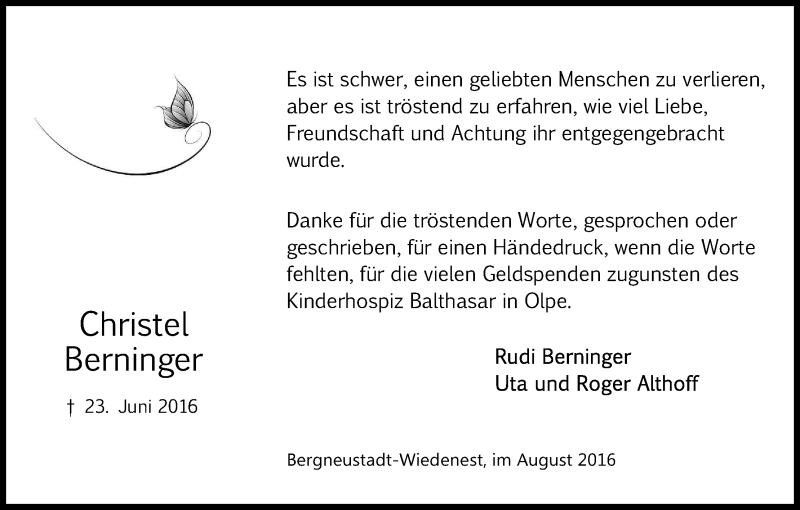  Traueranzeige für Christel Berninger vom 13.08.2016 aus Kölner Stadt-Anzeiger / Kölnische Rundschau / Express
