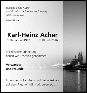 Anzeige von Karl-Heinz Acher von Kölner Stadt-Anzeiger / Kölnische Rundschau / Express