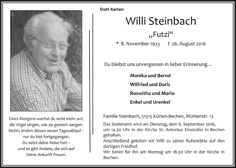  Traueranzeige für Willi Steinbach vom 31.08.2016 aus  Bergisches Handelsblatt 