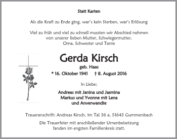 Anzeige von Gerda Kirsch von  Anzeigen Echo 