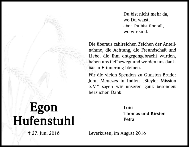  Traueranzeige für Egon Hufenstuhl vom 06.08.2016 aus Kölner Stadt-Anzeiger / Kölnische Rundschau / Express