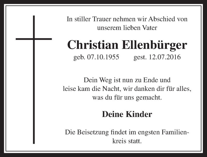  Traueranzeige für Christian Ellenbürger vom 03.08.2016 aus  Werbepost 