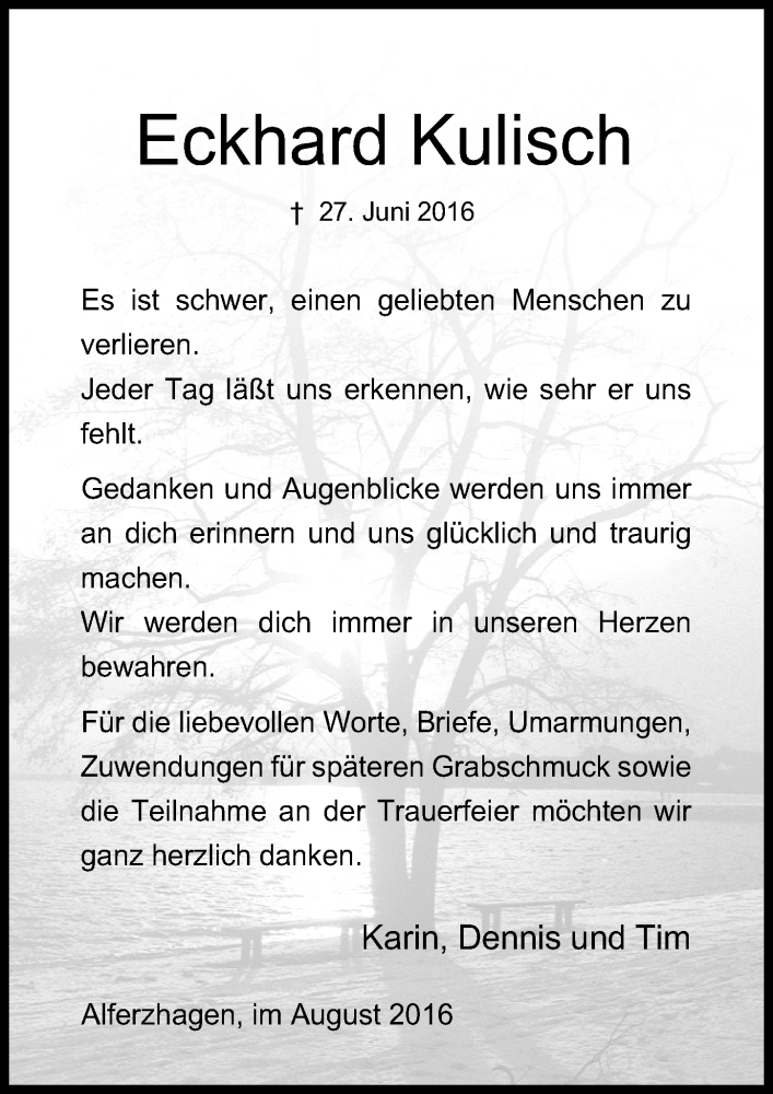  Traueranzeige für Eckhard Kulisch vom 31.08.2016 aus  Anzeigen Echo 