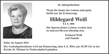 Anzeige von Hildegard Weiß von  Kölner Wochenspiegel 