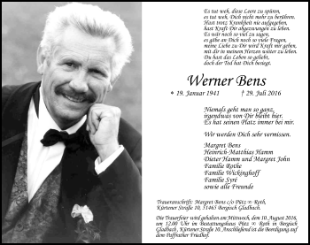 Anzeige von Werner Bens von Kölner Stadt-Anzeiger / Kölnische Rundschau / Express