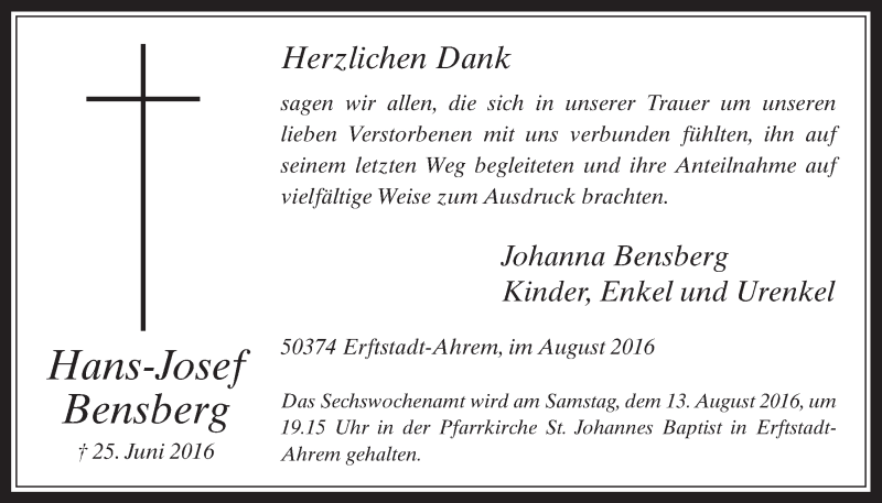 Traueranzeige für Hans-Josef Bensberg vom 03.08.2016 aus  Werbepost 