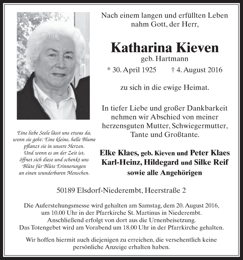  Traueranzeige für Katharina Kieven vom 17.08.2016 aus  Werbepost 
