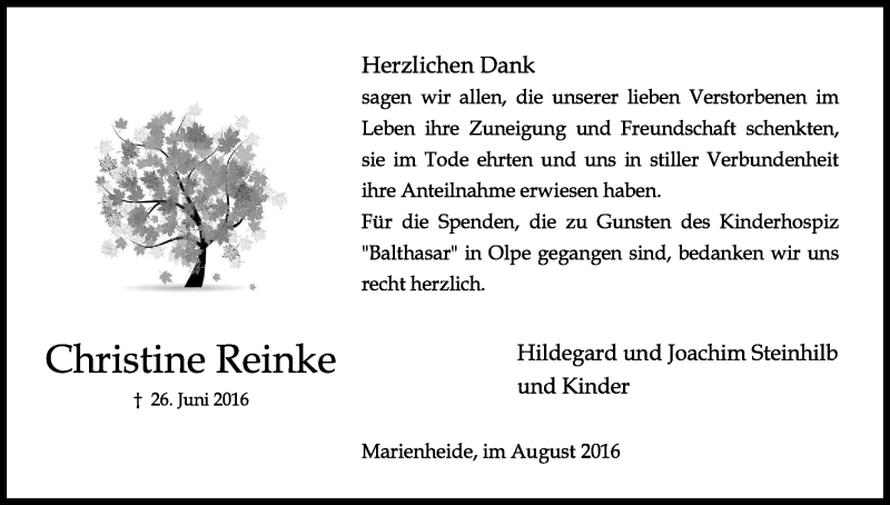  Traueranzeige für Christine Reinke vom 12.08.2016 aus Kölner Stadt-Anzeiger / Kölnische Rundschau / Express