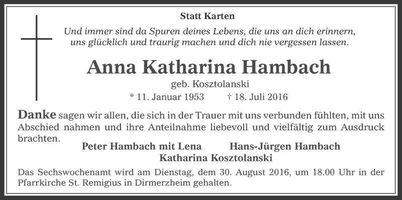  Traueranzeige für Anna Katharina Hambach vom 17.08.2016 aus  Werbepost 