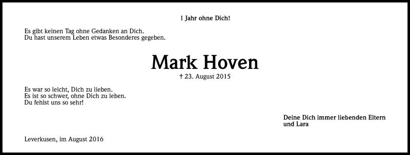  Traueranzeige für Mark Hoven vom 23.08.2016 aus Kölner Stadt-Anzeiger / Kölnische Rundschau / Express