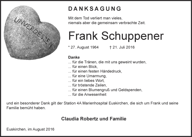  Traueranzeige für Frank Schuppener vom 27.08.2016 aus  Blickpunkt Euskirchen 