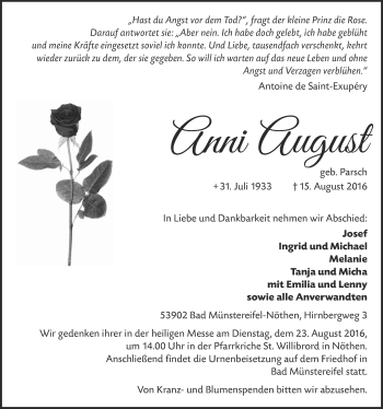 Anzeige von Anni August von  Blickpunkt Euskirchen 