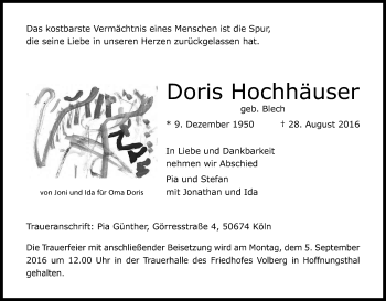 Anzeige von Doris Hochhäuser von Kölner Stadt-Anzeiger / Kölnische Rundschau / Express